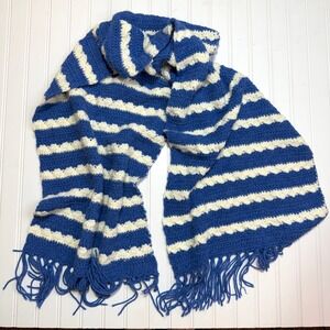 90s Vintage Blue and Cream Crochet Fringe Scarf 75x20 Handmade